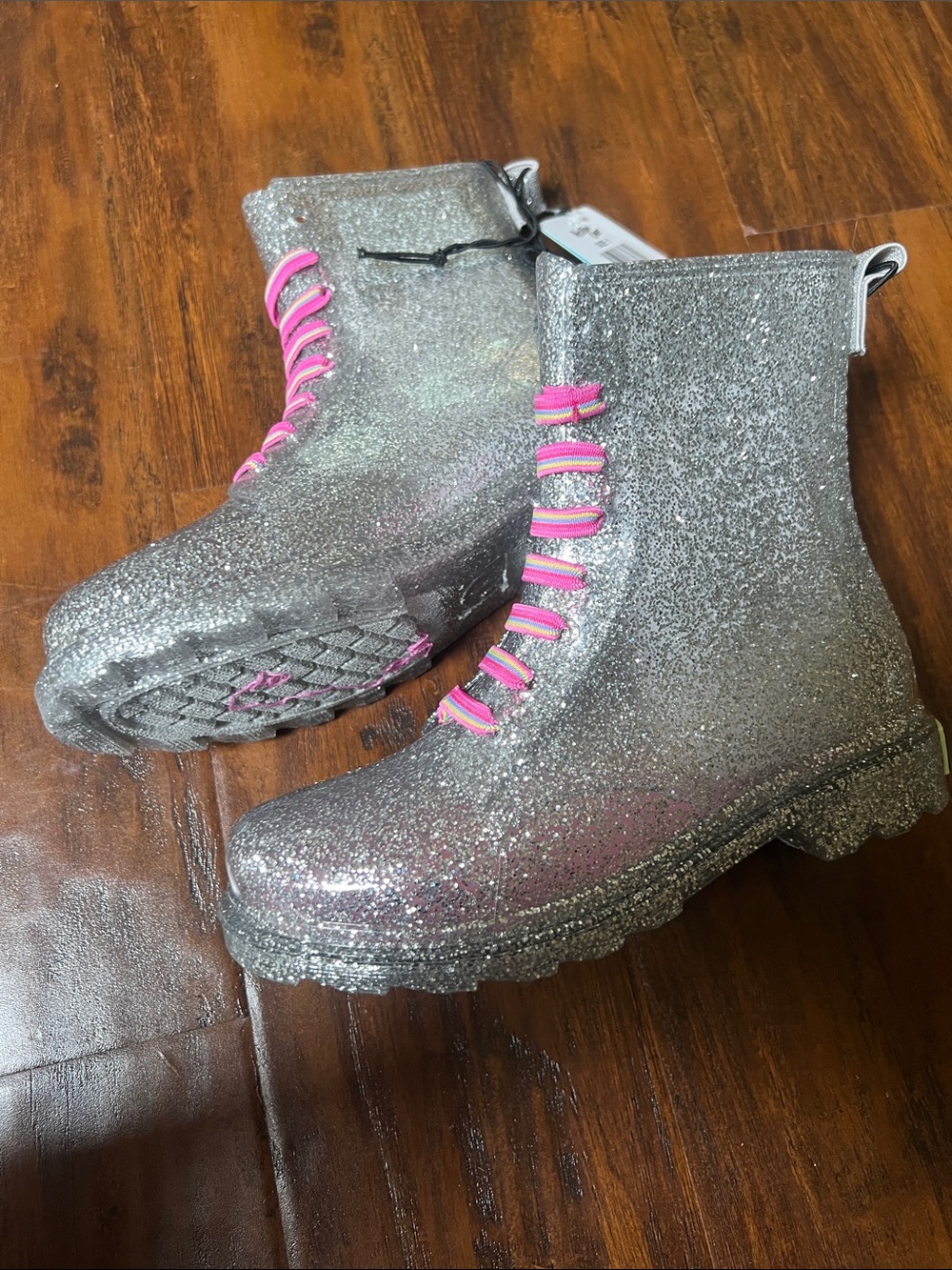 NWT Western Chief Glitter Combat Rain Boots with Hot Pink No Tie Laces Size 1 - Picture 3 of 10